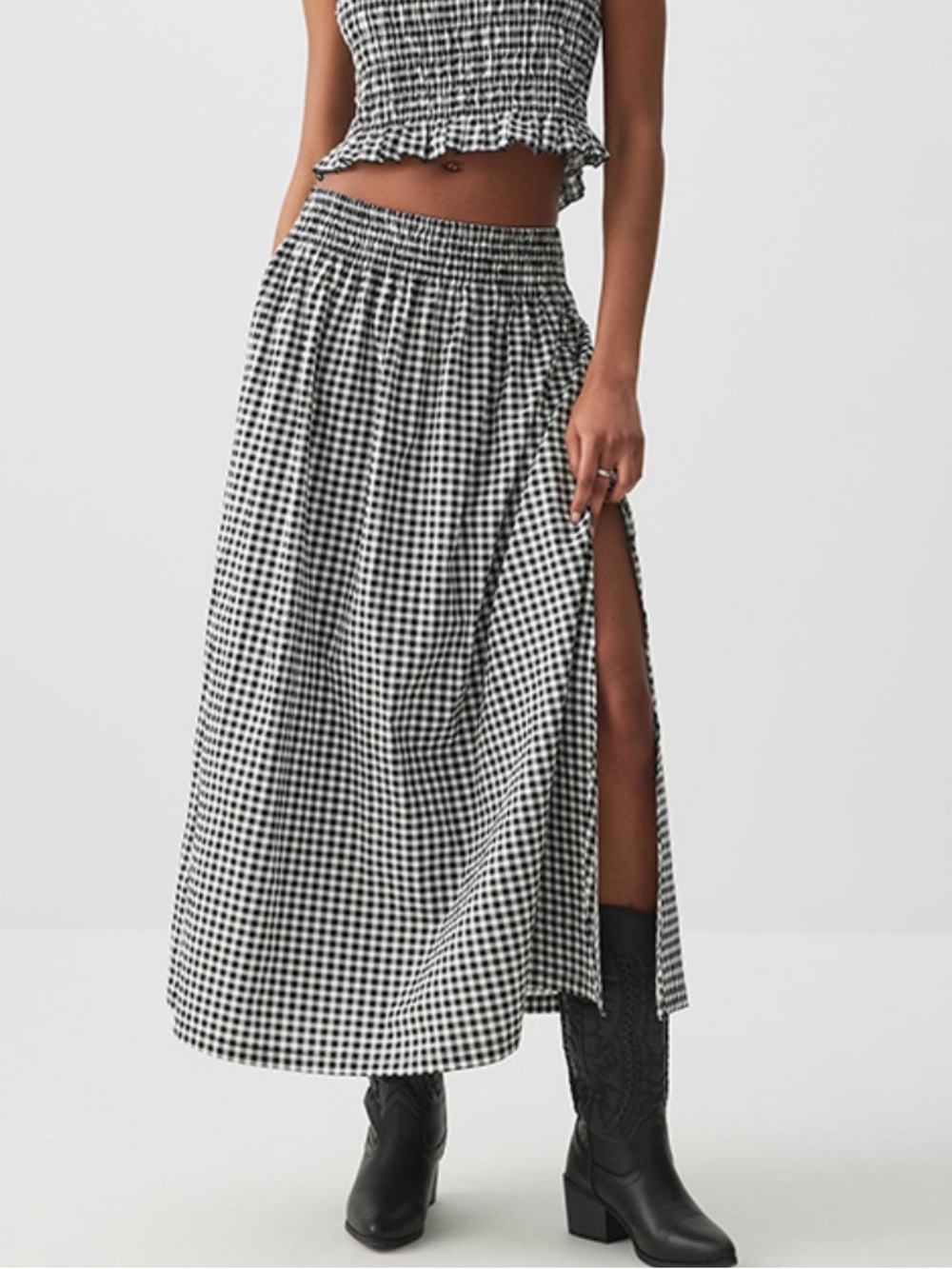 Ardene Black & White Gingham Maxi Skirt with Side Slit